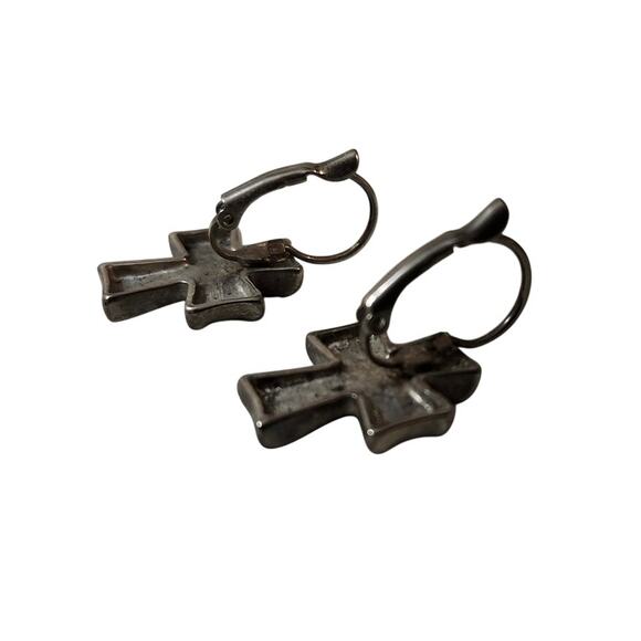 Silver Chunky Cross Hugger Dangle Earrings Block Style Christian - Picture 4 of 8